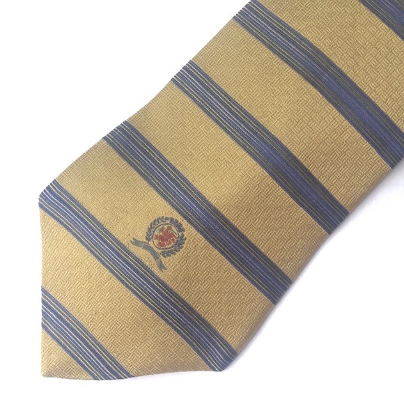 TOMMY HILFIGER Silk Tie Gold and Blue Stripes Extra Long - Picture 1 of 8